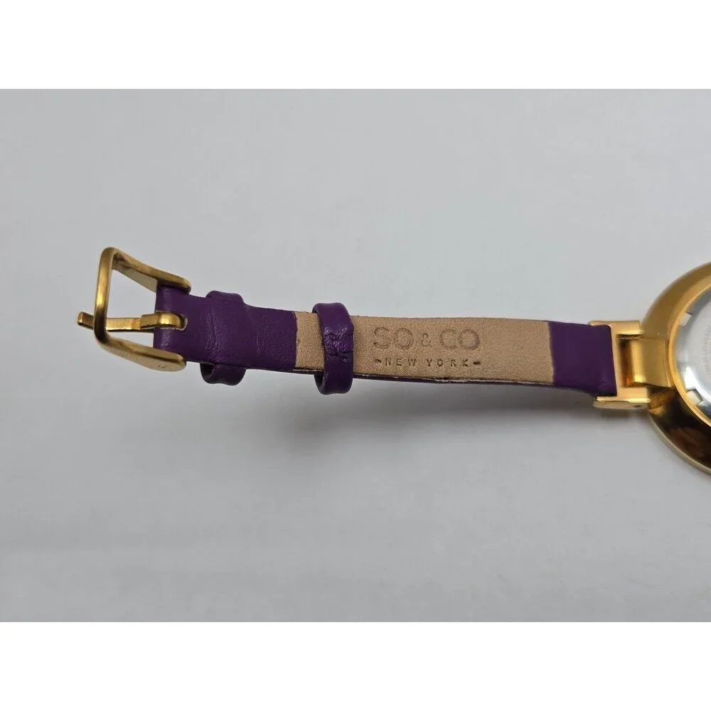 SO & CO New York Womens Studio 34mm Purple Gold Tone Leather Watch New Battery